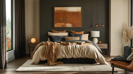 A bedroom with a dark green accent wall, brown furniture, and a tan bed with lots of pillows and blankets.