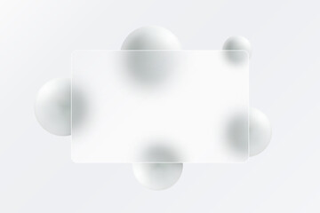 Glass morphism landing page. Card template with white spheres on a white background.