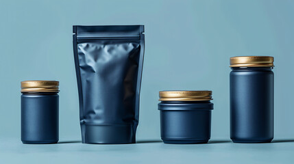 display of family of 4 products including: 550g pouch, 250 pill container, 15g sachet, 750ml reusable metal container, all in navy blue, matte finish, all with gold lids, blank, on a bright aqua blue 