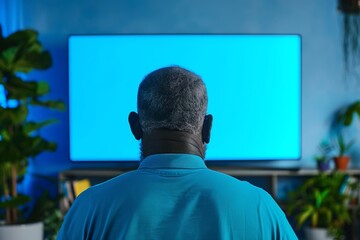 Display mockup afro-american man in his 50s in front of an smart-tv with an entirely blue screen