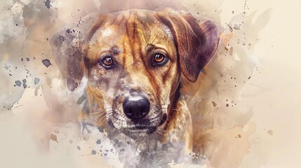 Design a captivating watercolor illustration of a beloved pet dog in a frontal view - obrazy, fototapety, plakaty