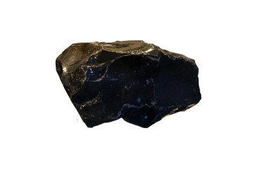 Raw obsidian rock specimen isolated on white background.