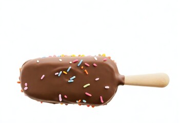 A chocolate-coated ice cream bar with sprinkles on a wooden stick
