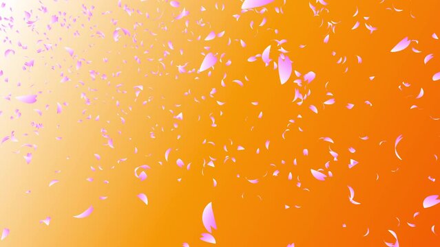 Pink cherry petals falling and flowing on the wind on sunset orange background. Abstract background with a scene of Spring time in Japan.