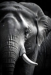 Close-up black and white portrait of an adult African elephant, showing the intricate texture and wrinkles of its skin