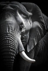 Close-up black and white portrait of an adult African elephant, showing the intricate texture and wrinkles of its skin
