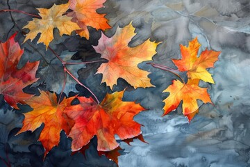 Maple leaves flutter in the autumn breeze, their fiery colors a warm embrace against the cool air, bright water color