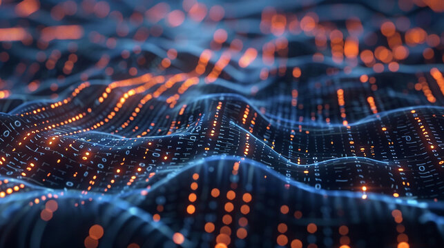 Binary code flowing in a blue and orange color scheme.