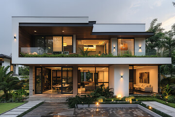 Modern two-story villa, white exterior walls with glass windows and balcony railings. Created with Ai