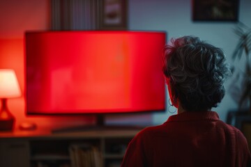 Display mockup woman in her 50s in front of an smart-tv with a fully red screen
