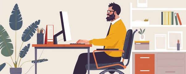 Flat design of a bearded man in a wheelchair working at home office. Inclusive work environment concept