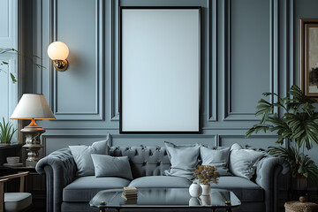 minimalist style livingroom apartement space morningday with bluesoft walls,green plants, grey cozy sofa with Interior Mockup with one white photo frame in the background