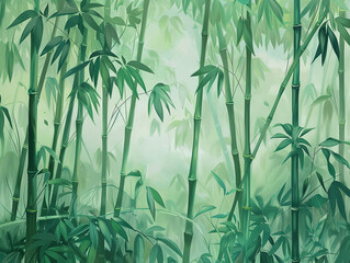 A painting of a bamboo forest with bamboo shoots and leaves in a green color tone against a solid background 