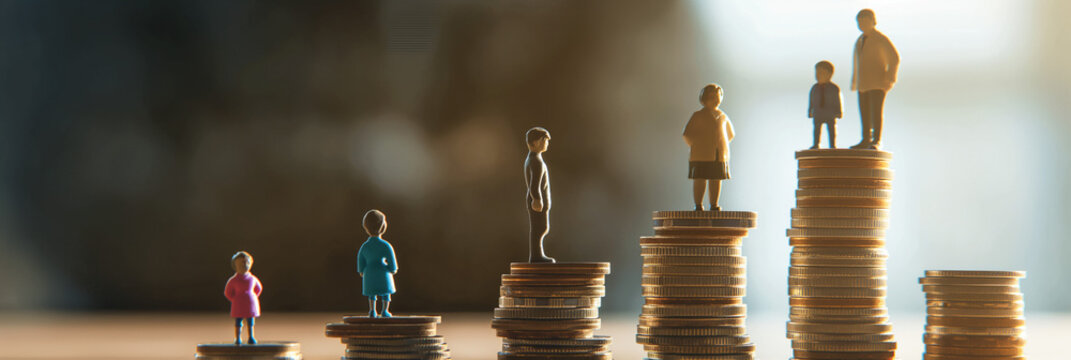 Graduated coin stacks and toy figures in various sizes depict financial growth stages and personal wealth development
