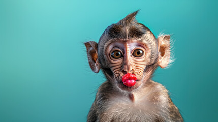 Comical monkey with painted red lips, pulls his lips in a kiss.