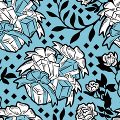 Gift box, ribbon and flowers seamless vector pattern for wrapping present with bow, party celebration, sale promotion, Textile print, fabric design, banner background. Hand drawn style illustration.