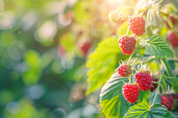 close up of raspberries on the bush in summer garden