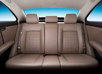 A car interior with a leather upholstered backseat