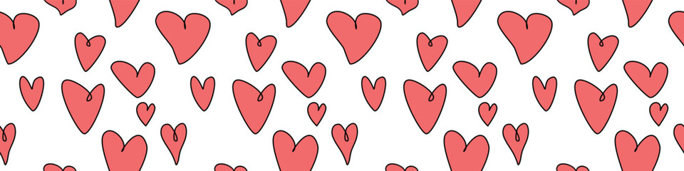 Seamless abstract pattern of different red contour hearts. Hand drawn doodle background, texture for textile, wrapping paper, Valentines day, romantic design