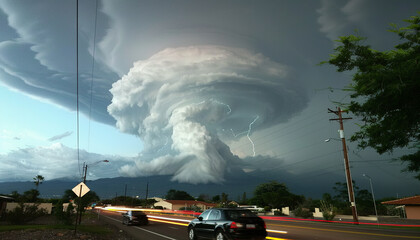 Threatening storm with lightning in the mountains approaching a road with cars driving