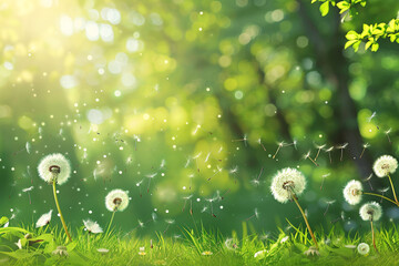 dandelion flowers and seed floating away over summer forest background