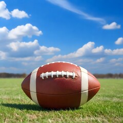 A brown American football on a grassy field with a blue cloudy sky in the background