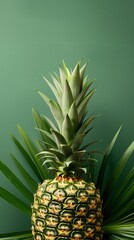 Fototapeta premium fresh ripe pineapple against green background with palm leaves framing it vertical layout