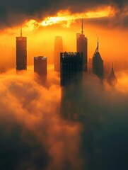 Fototapeta premium The sunrise casts a spellbinding glow on the mistshrouded skyscrapers, their silhouettes stretching into the sky