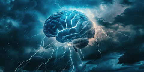 Illustration of a brain with lightning bolts emanating from it, symbolizing creativity, intelligence, and inspiration