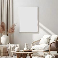 minimalist style livingroom apartement space morningday with white walls ,green plants, two cozy sofa with Interior Mockup with one white photo frame in the background