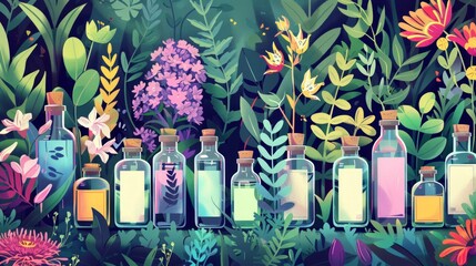 Essential Oil Bottles Amidst Lush Botanicals Illustration