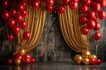 golden curtain birthday stage with red balloons frames,