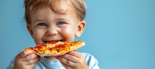 Naklejka premium Charming boy relishing pizza on pastel backdrop with ample space for text placement
