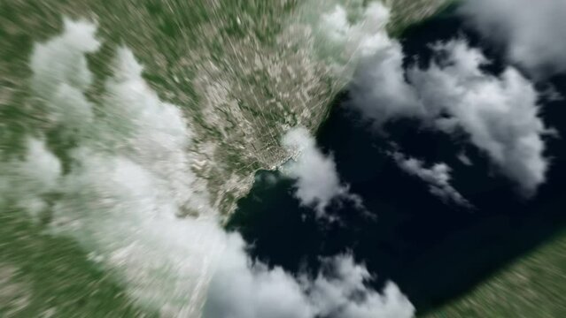 Zooming on Toronto, Canada. Earth zoom in from outer space to city. The animation continues by zoom out through clouds and atmosphere into space. View of the Earth at night. Images from NASA. 4K