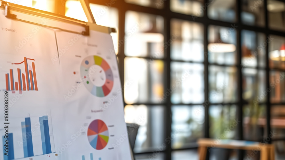 Poster focus on a flipchart in an office space displaying colorful business charts and graphs during a corp
