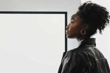 Display mockup afro-american woman in her 20s in front of a interactive digital board with a fully white screen