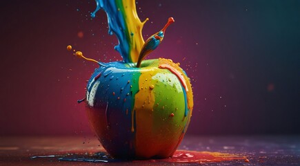 colored apple with a splash of paint on it, colorful hd picure