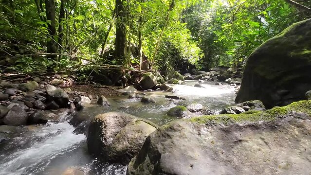 Gentle tracking shot through a picturesque river with majestic waterfall and large stones 4K resolution