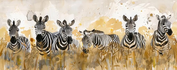 Fototapeta premium Zebras graze in unison, their stripes a mesmerizing pattern against the backdrop of tall grasses, kawaii water color