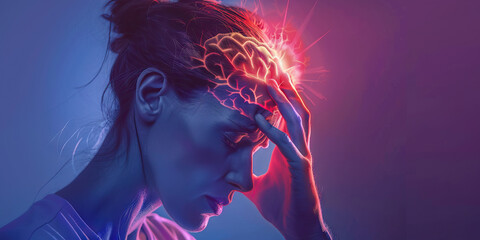 Brain Aneurysm: The Sudden, Severe Headache and Nausea - Visualize a person clutching their head with a look of agony, with a balloon-like bulge in a brain artery, indicating the sudden - obrazy, fototapety, plakaty