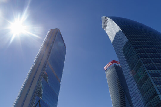 Skyscrapers Generali Tower, Libeskind Tower and Allianz Tower in the residential, commercial and business district of Milan, Italy - April 4, 2024