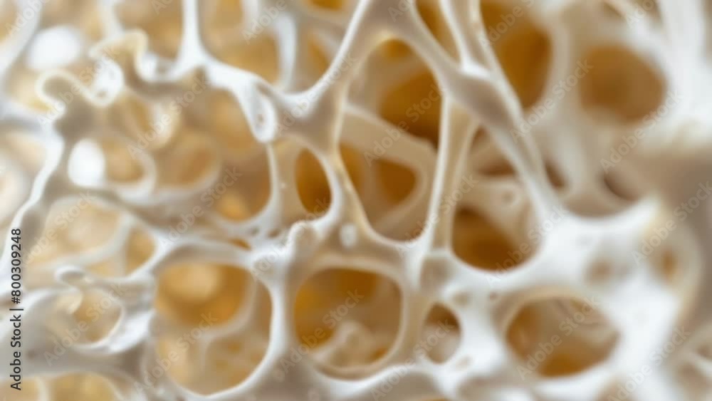 Poster macro shot of a bioprinted bone structure highlighting the intricate network of cells and vessels wi