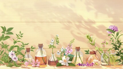 Herbal Essences and Aromatic Flowers in Glass Bottles
