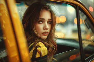 young woman looking from taxi car window