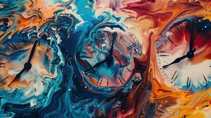 abstract art piece with melting clocks blending into a vibrant, swirling background of blue, orange