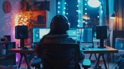 back view of a young girl wearing headphones in front of computer