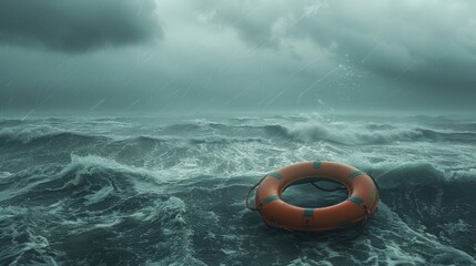 Obraz premium Lifebuoy floating on sea in storm weather generative ai
