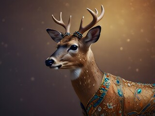 A deer in a shimmering couture jacket with beadwork, posed against a bright background. The image includes space for ads or invitations. generative AI