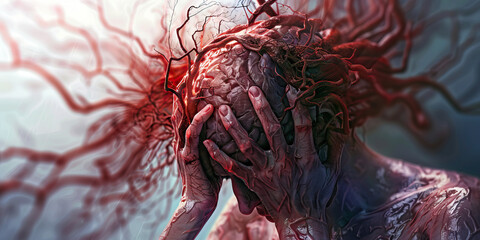 Brain Aneurysm: The Sudden, Severe Headache and Nausea - Visualize a person clutching their head with a look of agony, with a balloon-like bulge in a brain artery, indicating the sudden - obrazy, fototapety, plakaty