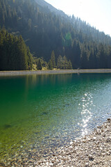 Klarer Bergsee mit Wald im Hintergund an einem sonnigen Tag